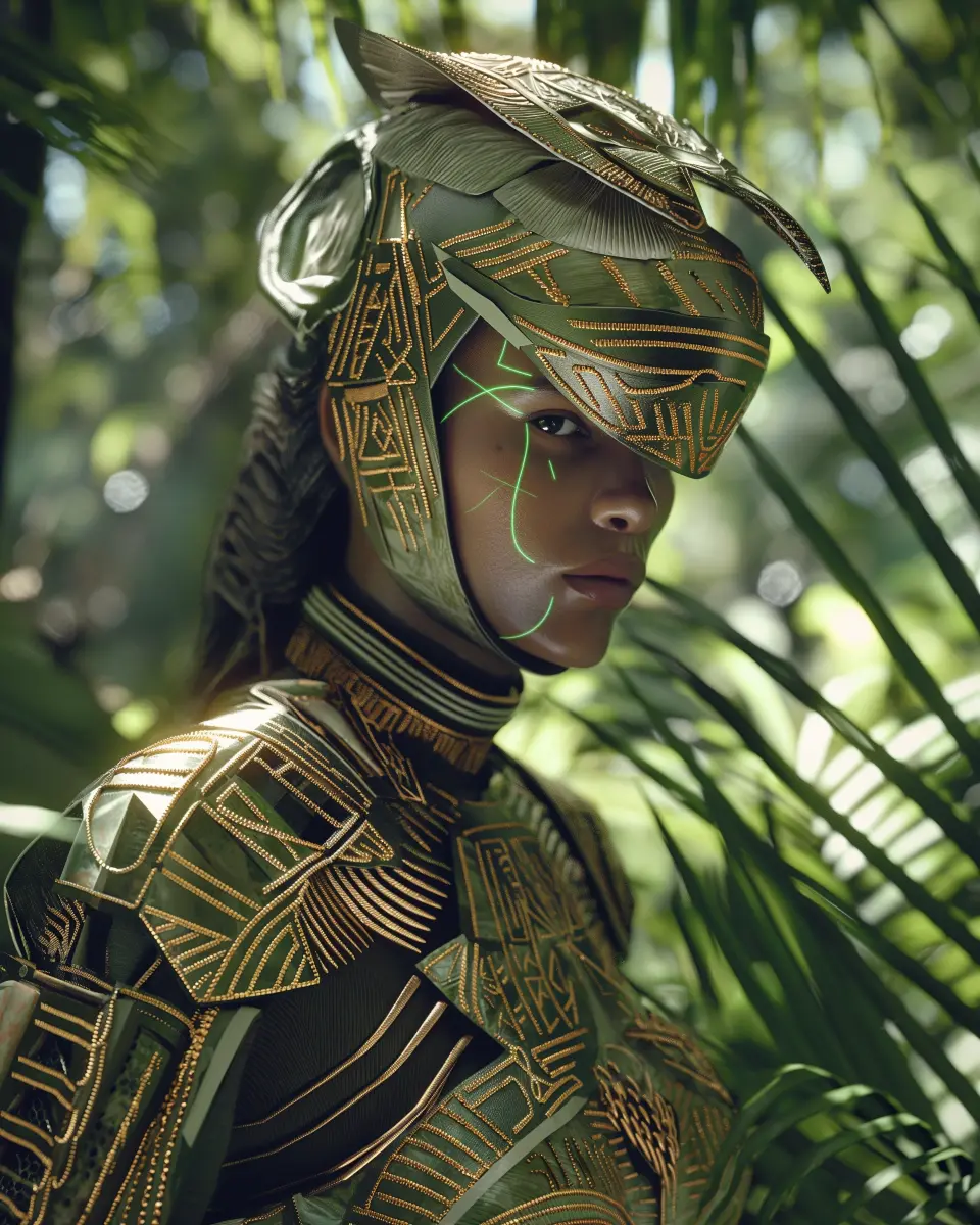 A model dressed in futuristic clothing inspired by the indigenous cultures of the Amazon rainforest.